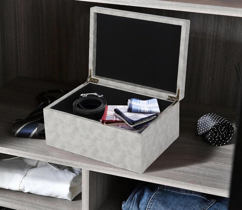 HofferRuffer Faux Leather Decorative Box, Large Wooden Structure Keepsake Box Accessory Organizer Jewelry Organizer with Hinged Lid, Storage Container for Home or Office (Grey) - Image 5